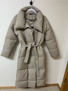 PUFFIT Long Puffer Coat with Belt - Taupe women’s size XS